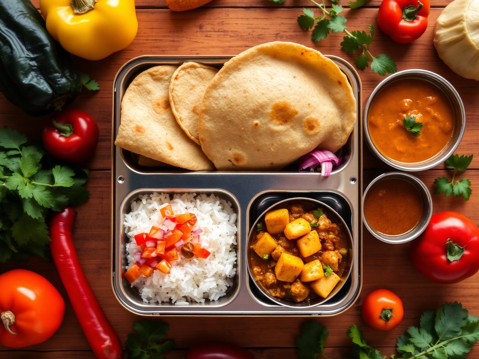 Fresh MAMBO'S tiffin meal box with roti, dal, rice and curry